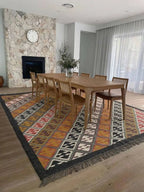 Handmade Multicolor Wool Jute Kilim Area Rug with Tassels | Tribal Diamond Geometric Flatweave Rug for Living Room & Bedroom
