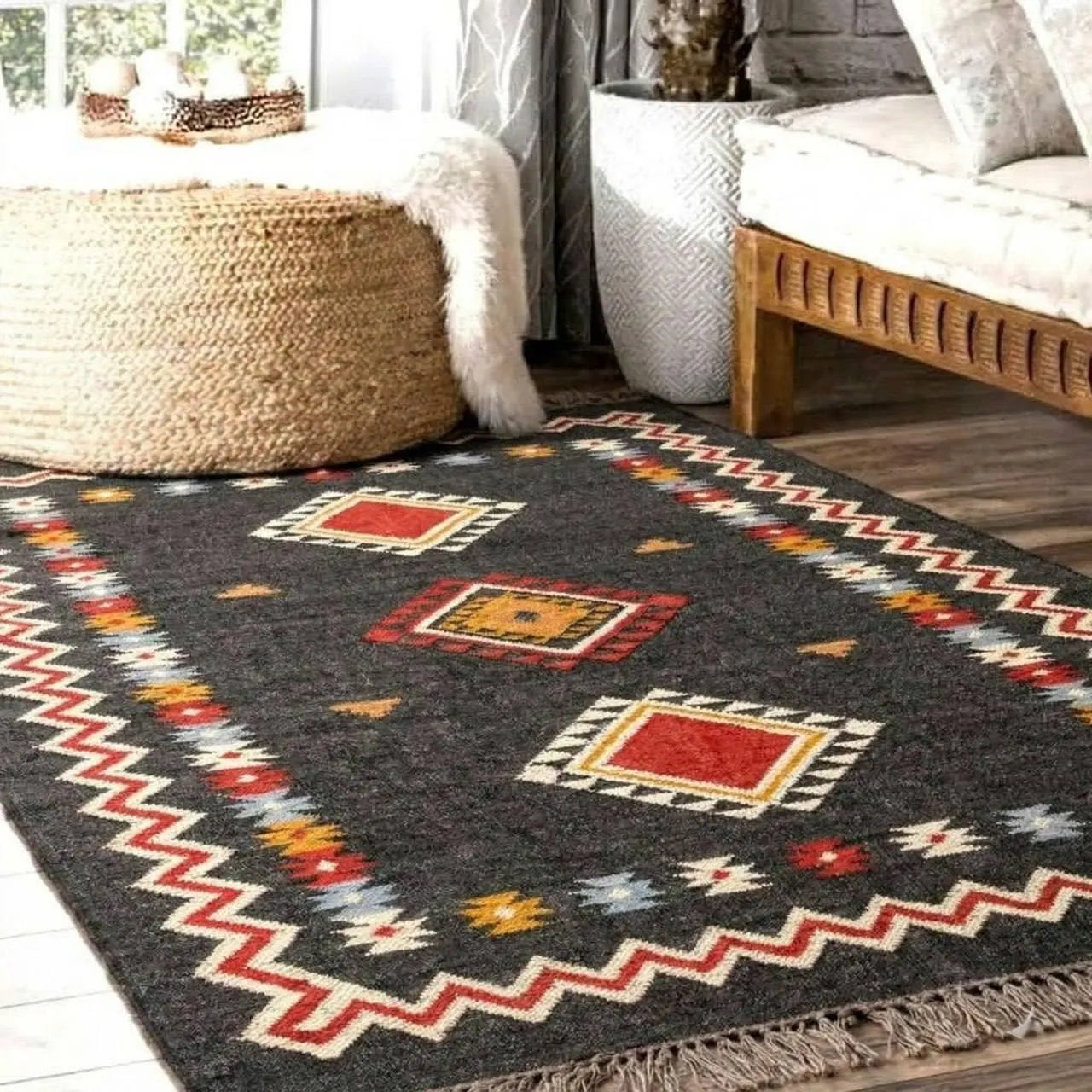 Handmade Southwestern Wool Jute Kilim Area Rug with Tassels | Black Tribal Boho Flatweave Rug for Living Room & Bedroom