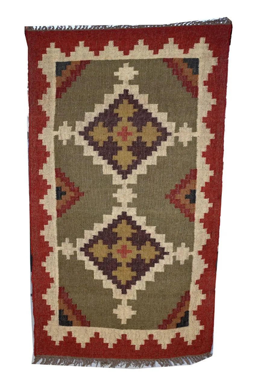 Handmade Wool Jute Kilim Rug – Tribal Geometric Indian Dhurrie Flatweave Area Rug