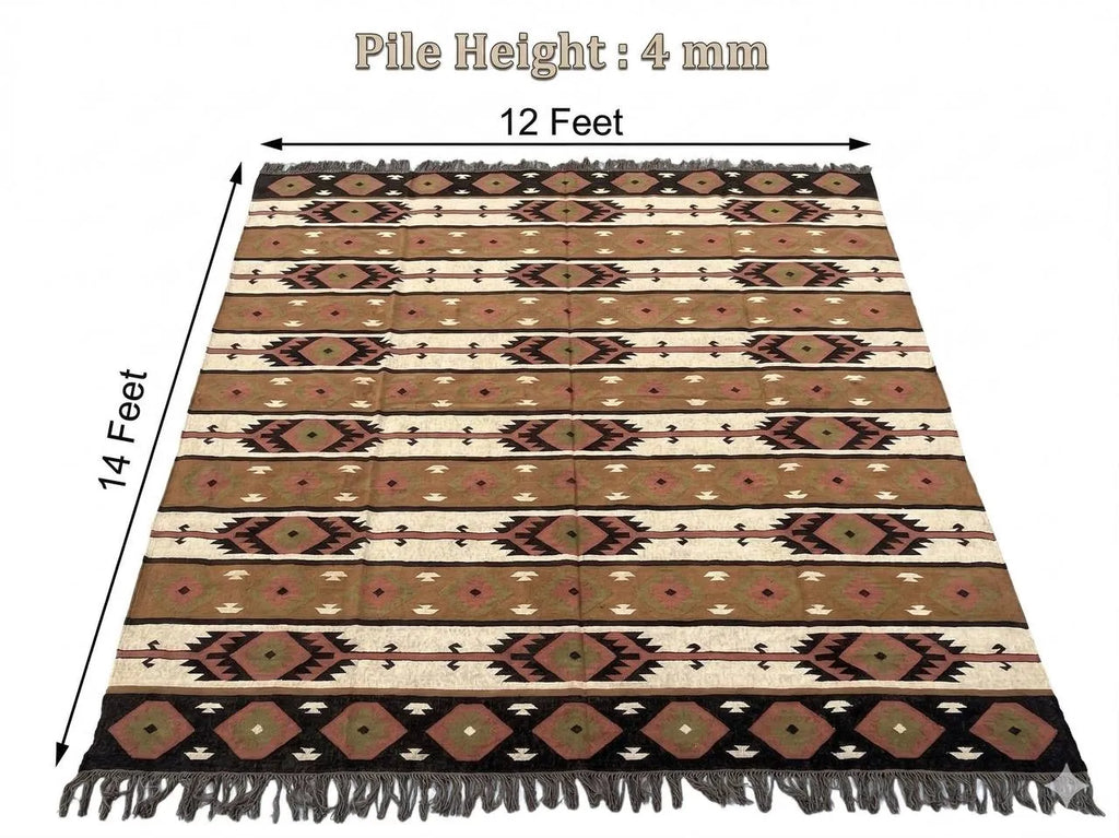 Handwoven Southwestern Navajo Kilim Rug | Handmade Wool Jute Tribal Area Rug, Boho Flatweave Dhurrie for Living Room Bedroom