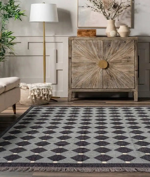 Handmade Charcoal Gray Wool Jute Kilim Area Rug with Geometric Diamond Pattern | Modern Flatweave Rug for Living Room & Bedroom