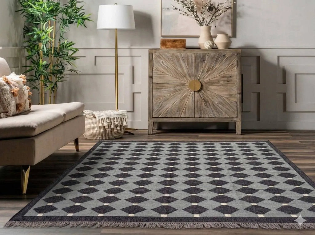 Handmade Charcoal Gray Wool Jute Kilim Area Rug with Geometric Diamond Pattern | Modern Flatweave Rug for Living Room & Bedroom