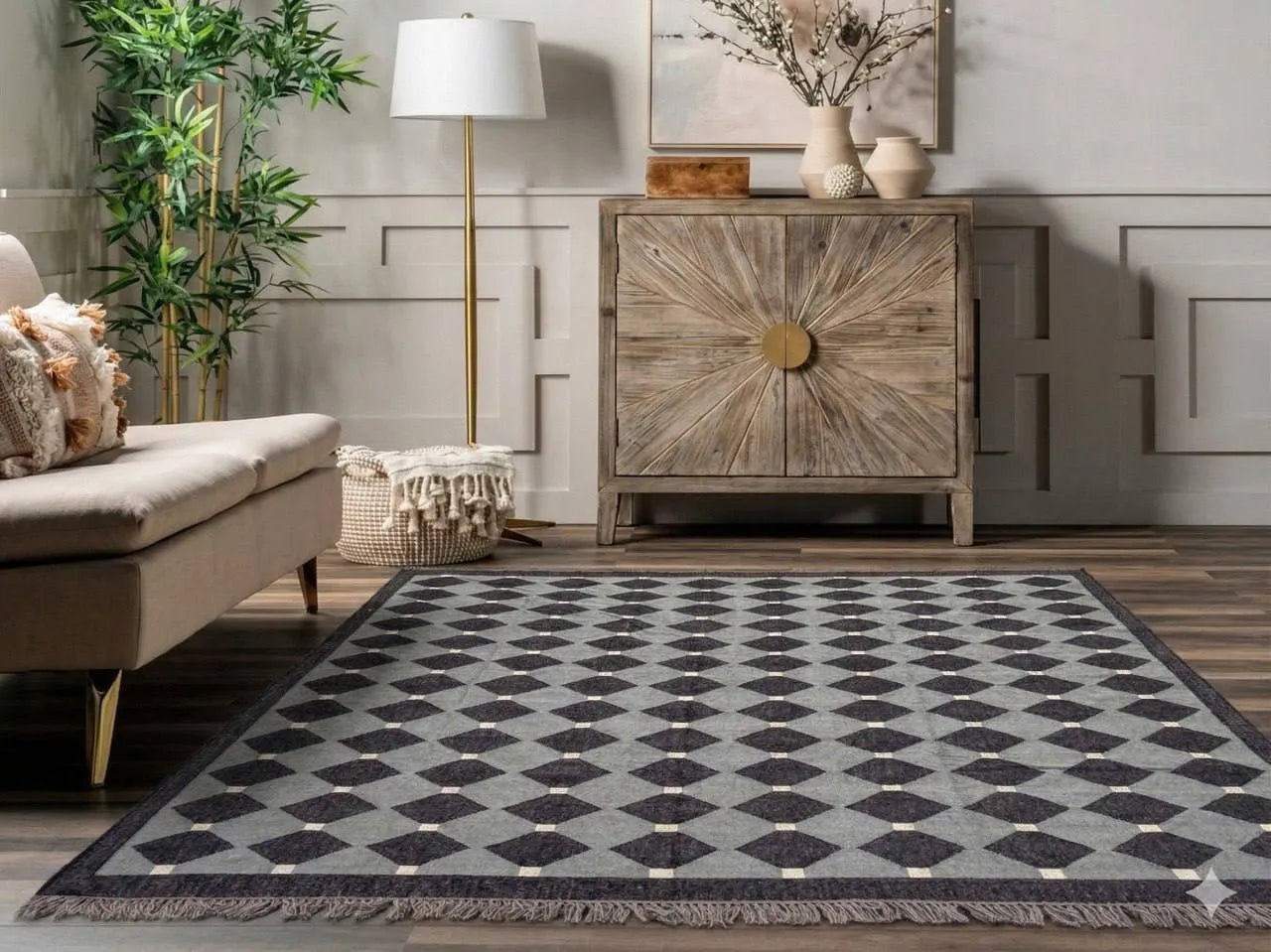 Handmade Charcoal Gray Wool Jute Kilim Area Rug with Geometric Diamond Pattern | Modern Flatweave Rug for Living Room & Bedroom