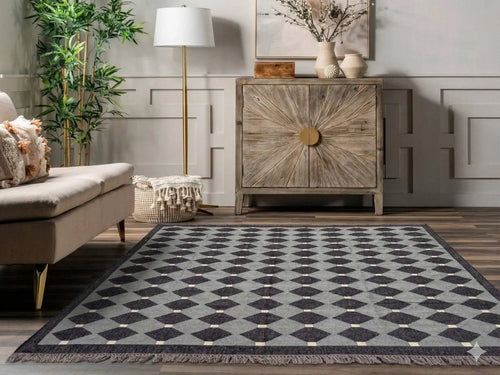 Handmade Charcoal Gray Wool Jute Kilim Area Rug with Geometric Diamond Pattern | Modern Flatweave Rug for Living Room & Bedroom