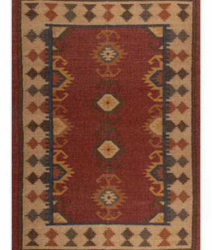 Handwoven Southwestern Wool Jute Kilim Area Rug – Rust Red Tribal Medallion Flatweave Dhurrie Carpet for Living Room, Bedroom & Dining Room