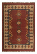 Handgeweefde Suidwestelike Wol Jute Kilim Area Mat – Roesrooi Stam Medallion Platweef Dhurrie Tapyt vir Sitkamer, Slaapkamer & Eetkamer