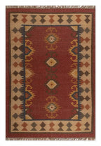 Handgeweefde Suidwestelike Wol Jute Kilim Area Mat – Roesrooi Stam Medallion Platweef Dhurrie Tapyt vir Sitkamer, Slaapkamer & Eetkamer