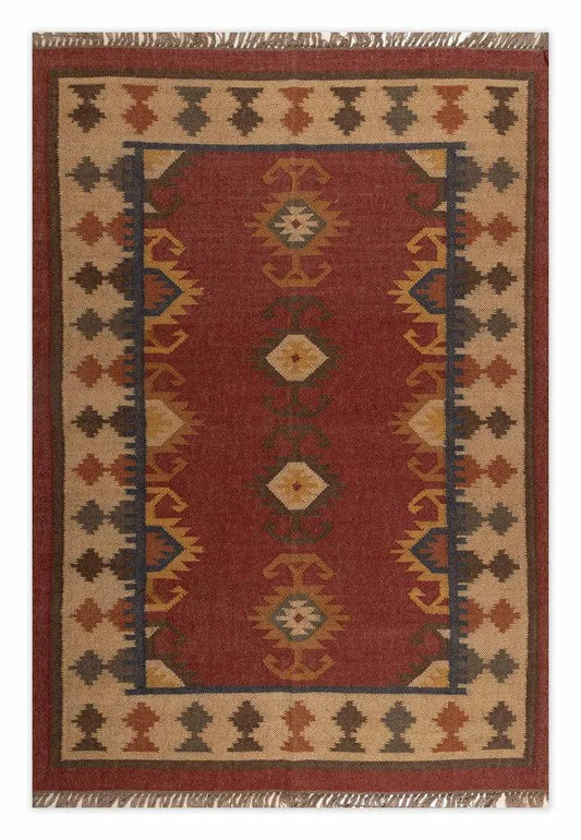 Handwoven Southwestern Wool Jute Kilim Area Rug – Rust Red Tribal Medallion Flatweave Dhurrie Carpet for Living Room, Bedroom & Dining Room