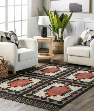 Handmade Southwestern Wool Jute Kilim Area Rug with Tassels | Tribal Geometric Flatweave Rug for Living Room, Bedroom & Dining Room