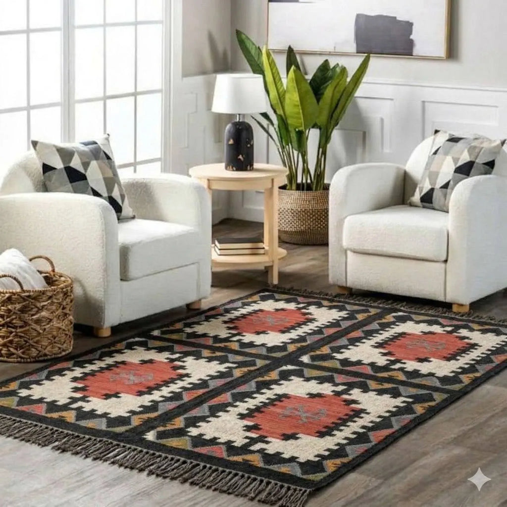 Handmade Southwestern Wool Jute Kilim Area Rug with Tassels | Tribal Geometric Flatweave Rug for Living Room, Bedroom & Dining Room