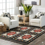Handmade Southwestern Wool Jute Kilim Area Rug with Tassels | Tribal Geometric Flatweave Rug for Living Room, Bedroom & Dining Room