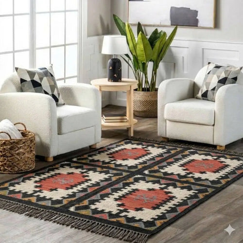 Handmade Southwestern Wool Jute Kilim Area Rug with Tassels | Tribal Geometric Flatweave Rug for Living Room, Bedroom & Dining Room