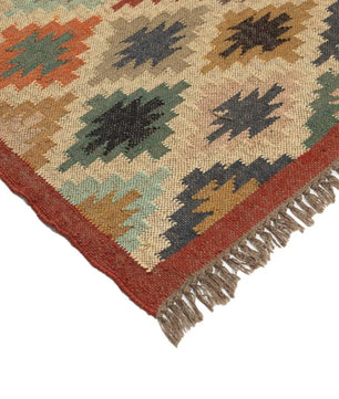 Handwoven Multicolor Wool Jute Kilim Area Rug – Bohemian Geometric Diamond Flatweave Tribal Dhurrie with Fringe