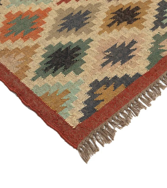 Handwoven Multicolor Wool Jute Kilim Area Rug – Bohemian Geometric Diamond Flatweave Tribal Dhurrie with Fringe