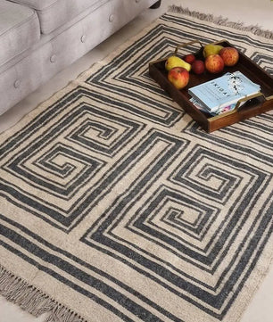 Handmade Modern Geometric Wool Jute Kilim Area Rug with Tassels | Black & Ivory Flatweave Maze Pattern Rug for Living Room