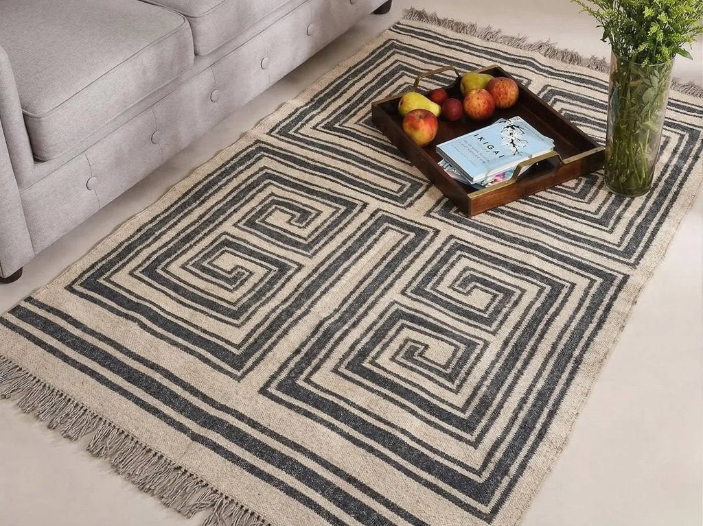 Handmade Modern Geometric Wool Jute Kilim Area Rug with Tassels | Black & Ivory Flatweave Maze Pattern Rug for Living Room