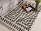 Handmade Modern Geometric Wool Jute Kilim Area Rug with Tassels | Black & Ivory Flatweave Maze Pattern Rug for Living Room