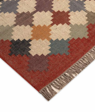 Handwoven Multicolor Wool Jute Kilim Area Rug – Tribal Geometric Flatweave Dhurrie Rug, Boho Southwestern Reversible Living Room Carpet