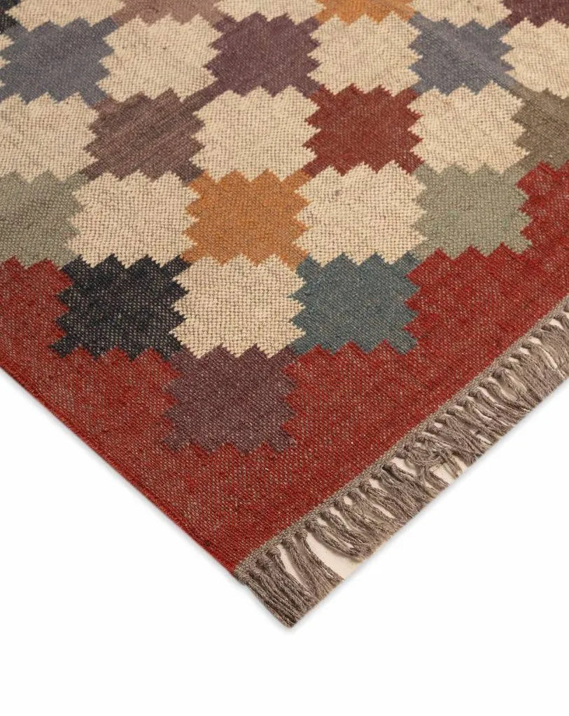 Handwoven Multicolor Wool Jute Kilim Area Rug – Tribal Geometric Flatweave Dhurrie Rug, Boho Southwestern Reversible Living Room Carpet