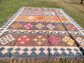 Handmade Wool Jute Kilim Rug – Geometric Indian Dhurrie Area Rug in Beige, Sage & Rust