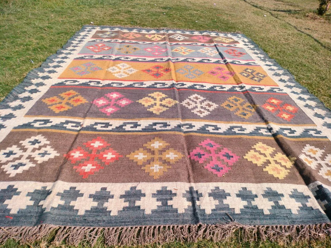 Handmade Multicolor Wool Jute Kilim Rug – Geometric Indian Dhurrie Area Rug