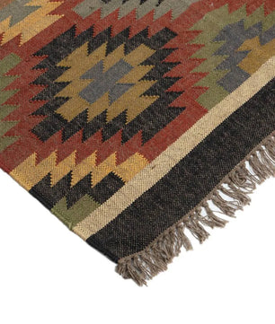 Handwoven Southwestern Wool Jute Kilim Area Rug – Tribal Diamond Flatweave Dhurrie Carpet for Living Room, Bedroom & Entryway