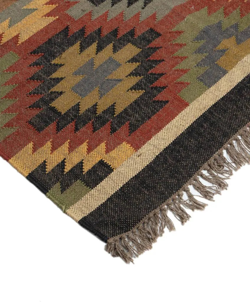 Handwoven Southwestern Wool Jute Kilim Area Rug – Tribal Diamond Flatweave Dhurrie Carpet for Living Room, Bedroom & Entryway