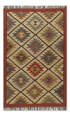 Handmade Southwestern Wool Jute Kilim Area Rug with Diamond Lattice Pattern | Tribal Flatweave Boho Rug for Living Room Bedroom