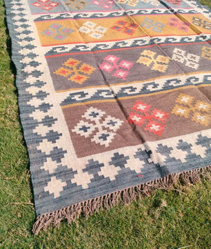 Handmade Multicolor Wool Jute Kilim Rug – Geometric Indian Dhurrie Area Rug