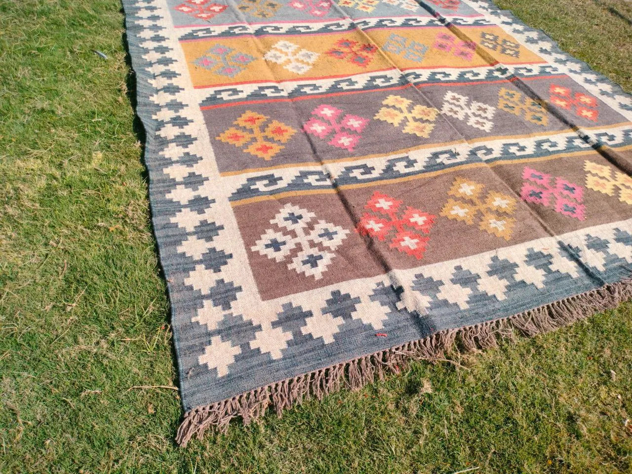 Handmade Multicolor Wool Jute Kilim Rug – Geometric Indian Dhurrie Area Rug