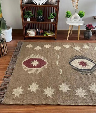 Handmade Southwestern Wool Jute Kilim Area Rug with Tassels | Tribal Boho Flatweave Rug in Natural Taupe for Living Room & Bedroom