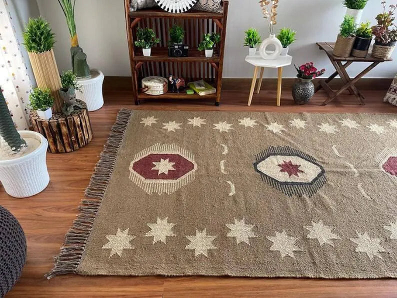 Handmade Southwestern Wool Jute Kilim Area Rug with Tassels | Tribal Boho Flatweave Rug in Natural Taupe for Living Room & Bedroom