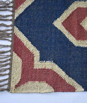 Handwoven Wool Jute Kilim Area Rug – Navy Blue & Rust Southwestern Geometric Flatweave Rug with Fringe for Living Room
