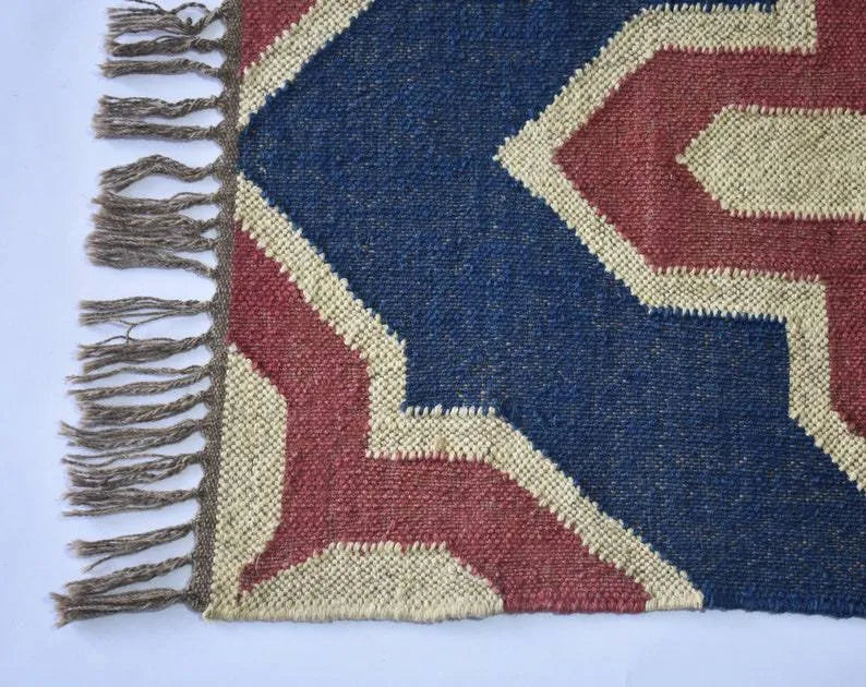 Handwoven Wool Jute Kilim Area Rug – Navy Blue & Rust Southwestern Geometric Flatweave Rug with Fringe for Living Room