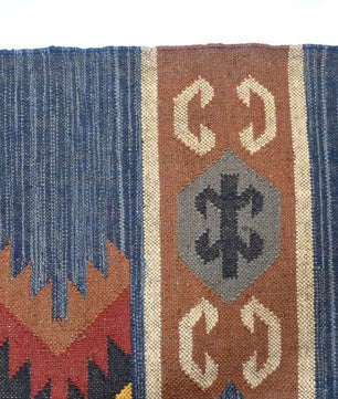 Handwoven Wool Jute Kilim Area Rug – Indigo Blue Southwestern Tribal Geometric Flatweave Rug with Fringe