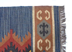 Handwoven Wool Jute Kilim Area Rug – Indigo Blue Southwestern Tribal Geometric Flatweave Rug with Fringe