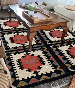 Handmade Southwestern Wool Jute Kilim Area Rug with Tassels | Tribal Geometric Flatweave Rug for Living Room, Bedroom & Dining Room