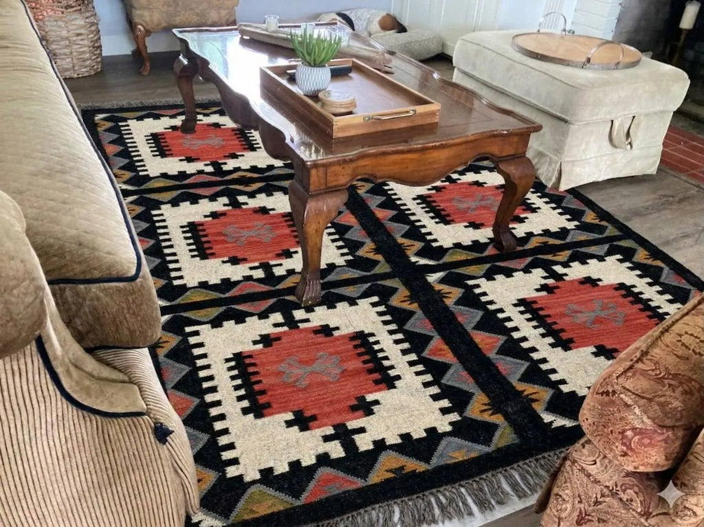 Handmade Southwestern Wool Jute Kilim Area Rug with Tassels | Tribal Geometric Flatweave Rug for Living Room, Bedroom & Dining Room