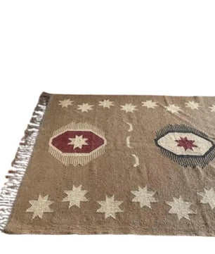 Handmade Southwestern Wool Jute Kilim Area Rug with Tassels | Tribal Boho Flatweave Rug in Natural Taupe for Living Room & Bedroom