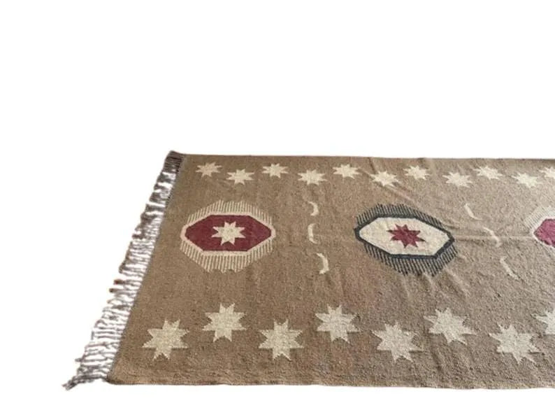 Handmade Southwestern Wool Jute Kilim Area Rug with Tassels | Tribal Boho Flatweave Rug in Natural Taupe for Living Room & Bedroom
