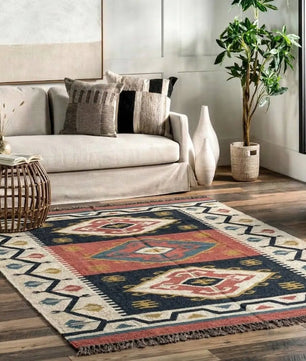 Handmade Tribal Wool Jute Kilim Area Rug with Tassels | Geometric Flatweave Boho Rug for Living Room, Bedroom & Hallway