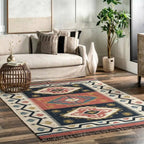 Handmade Tribal Wool Jute Kilim Area Rug with Tassels | Geometric Flatweave Boho Rug for Living Room, Bedroom & Hallway