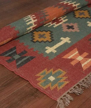 Handwoven Wool Jute Kilim Area Rug – Rust Green Southwestern Geometric Flatweave Rug with Fringe, Tribal Boho Rug for Living Room