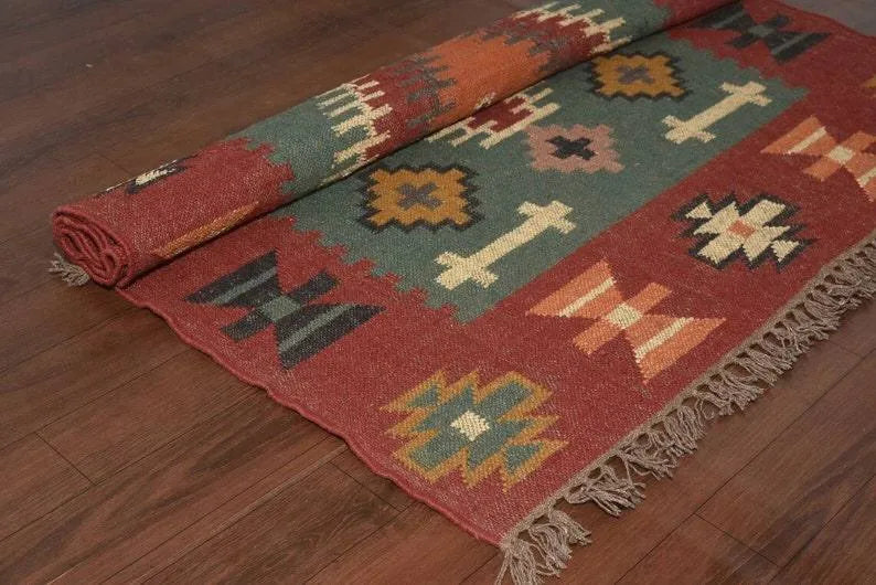 Handwoven Wool Jute Kilim Area Rug – Rust Green Southwestern Geometric Flatweave Rug with Fringe, Tribal Boho Rug for Living Room