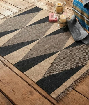 Handmade Modern Geometric Wool Jute Kilim Area Rug with Tassels | Black & Natural Ivory Flatweave Contemporary Rug
