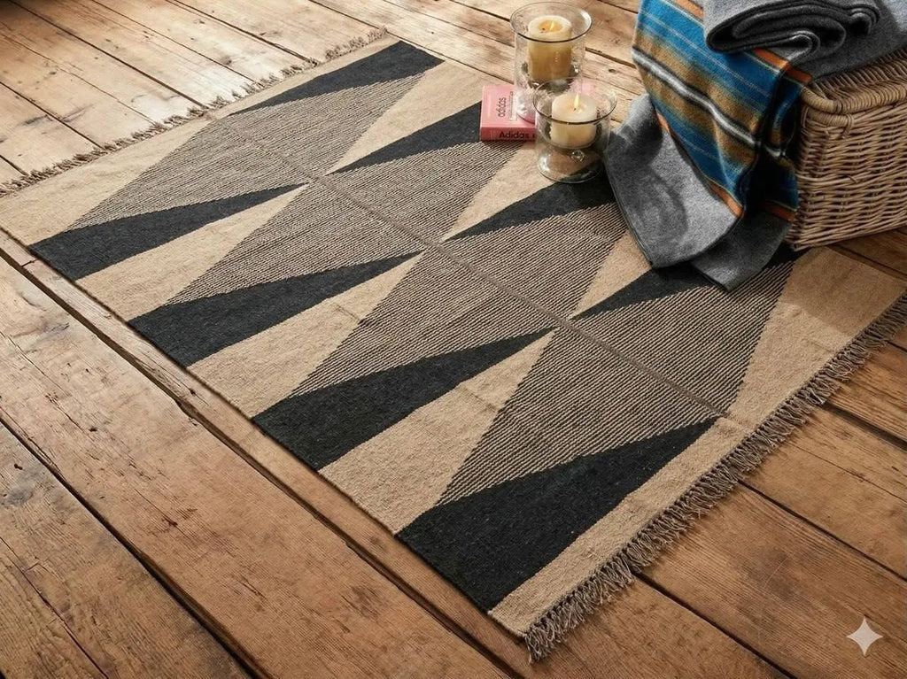 Handmade Modern Geometric Wool Jute Kilim Area Rug with Tassels | Black & Natural Ivory Flatweave Contemporary Rug