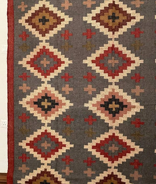 Handwoven Charcoal Wool Jute Kilim Area Rug – Geometric Diamond Reversible Flatweave Dhurrie for Living Room, Dining Room & Bedroom