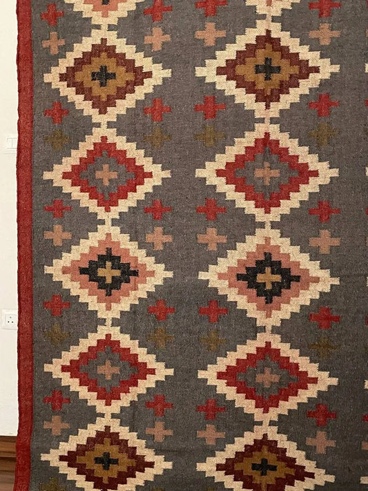 Handwoven Charcoal Wool Jute Kilim Area Rug – Geometric Diamond Reversible Flatweave Dhurrie for Living Room, Dining Room & Bedroom