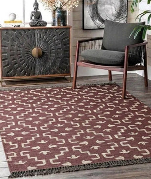 Handmade Burgundy Tribal Wool Jute Kilim Area Rug with Tassels | Geometric Flatweave Rug for Living Room & Bedroom