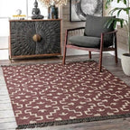 Handmade Burgundy Tribal Wool Jute Kilim Area Rug with Tassels | Geometric Flatweave Rug for Living Room & Bedroom